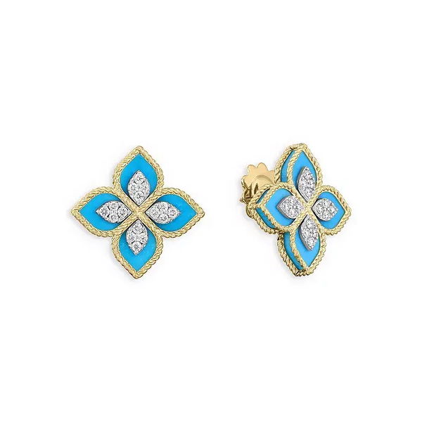 Closeup photo of 18K YELLOW/WHITE GOLD VENETIAN PRINCESS DIAMOND & TURQUOISE FLOWER EARRINGS