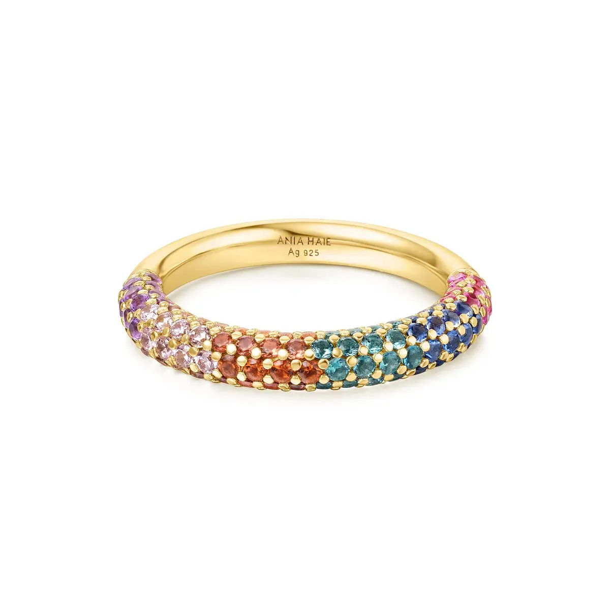 Embrace colour, light, and the beauty of playful styling with Sunny Sparkler. Perfect for casual outings and relaxed days, this ring is set with colourful pavé cubic zirconia, adding a dreamy and romantic vibe to any outfit. Wear it alone for a statement look or stack it with other pieces for a personalized touch.Details: Material: sterling silver with 14kt gold platingSize: 7Stone Type: cubic zirconia, corundum, and nano gems GOLD RAINBOW PAVÉ RING