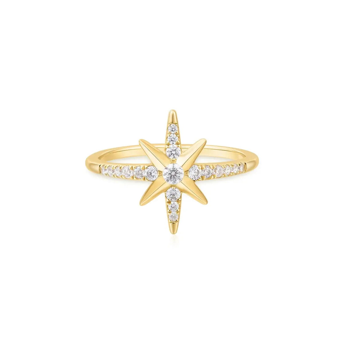 Miss Dainty is designed for the woman who loves elegance with a touch of whimsy. This look embodies refined and understated luxury, reflecting inner grace. Featuring an eight-pointed star set with pavé cubic zirconia, this signet ring is striking enough to wear alone and can also be stacked with other rings. Perfect for both formal occasions and everyday wear.Details: Material: sterling silver with 14kt gold platingSize: 7Stone Type: cubic zirconia GOLD EIGHT-POINTED STAR SIGNET RING