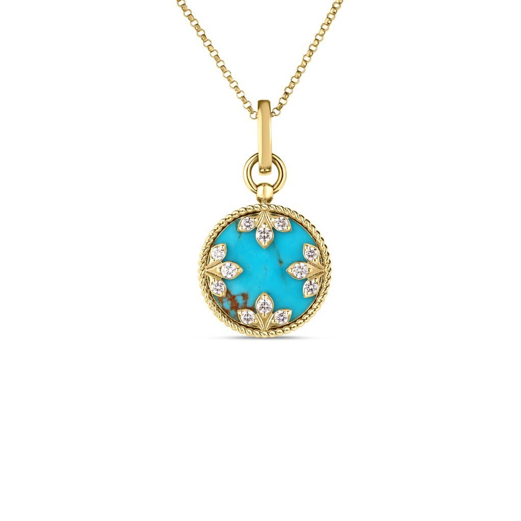APPROXIMATELY 0.29 DIAMOND TCW APPROXIMATELY 4.80 TURQUOISE TCW CHAIN IS APPROXIMATELY 18" PENDANT IS APPROXIMATELY 17MM 18K YELLOW GOLD COLORED MEDALLIONS SMALL DIAMOND AND TURQUOISE NECKLACE