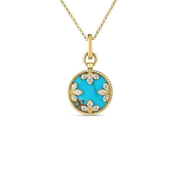 Closeup photo of 18K YELLOW GOLD COLORED MEDALLIONS SMALL DIAMOND AND TURQUOISE NECKLACE