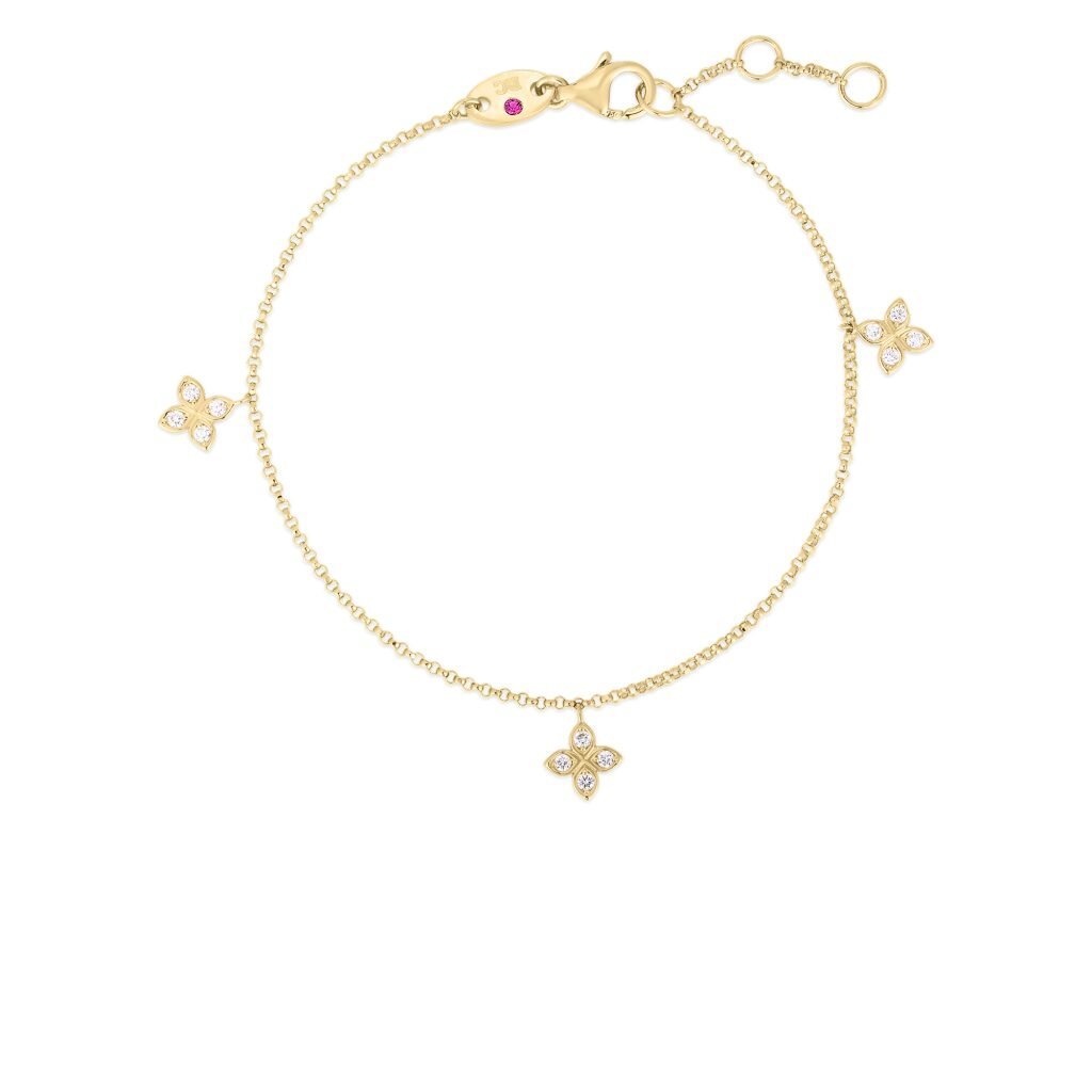 18K YELLOW GOLD LOVE BY THE INCH DANGLING 3 STATION FLOWER BRACELET