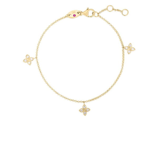 Closeup photo of 18K YELLOW GOLD LOVE BY THE INCH DANGLING 3 STATION FLOWER BRACELET