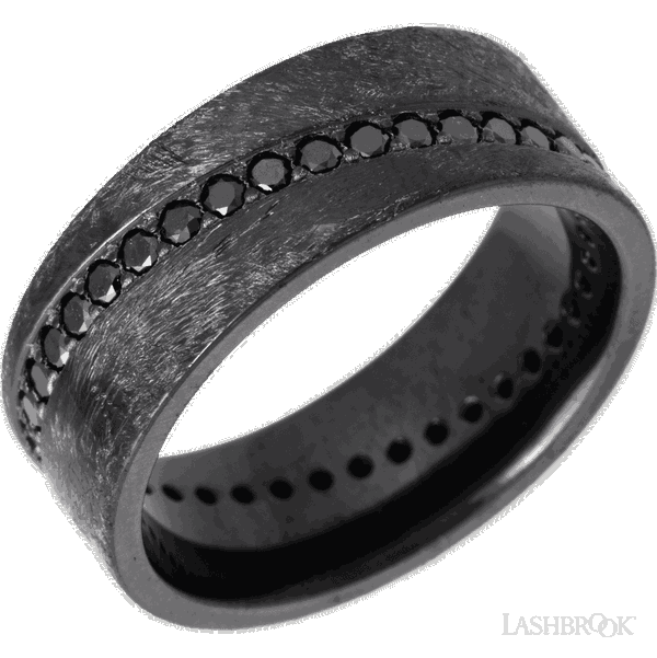 Closeup photo of Zirconium flat band with an angled black diamond eternity channel set