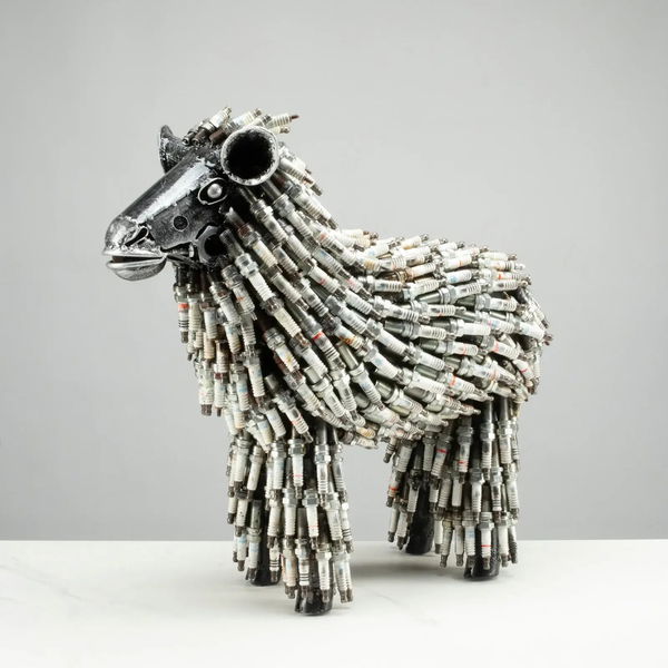 Closeup photo of 17" Spark Plug Small Sheep Recycled Metal Sculpture