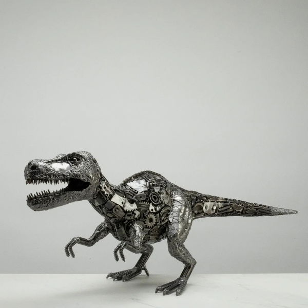 Closeup photo of 34" T-Rex Recycled Metal Art Sculpture