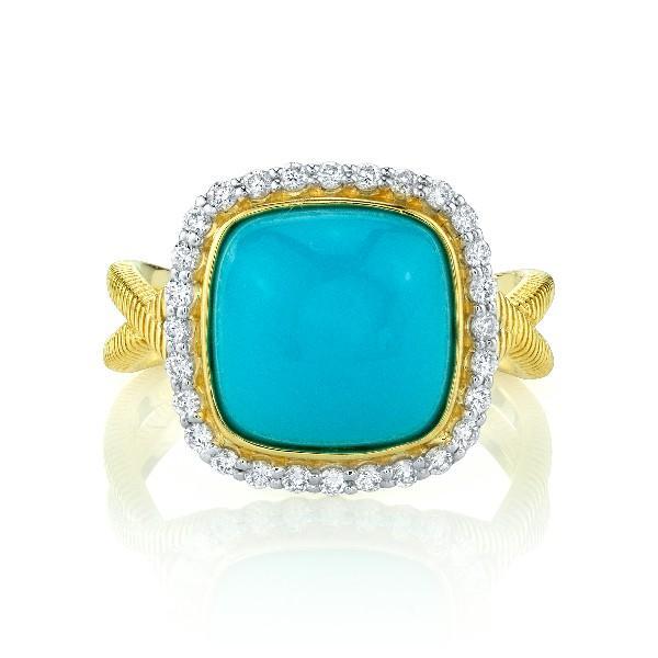 18K Yellow Gold Turquoise Cushion Ring With Diamond Halo and Strie Split Shank. All sizes available for special order, please reach out to inquire about availability and pricing.Stone 1TQ 3.88TCW Enh:NStone 228 RD GSI DIA 0.28TCW Enh:N TURQUOISE CUSHION RING WITH DIAMOND HALO