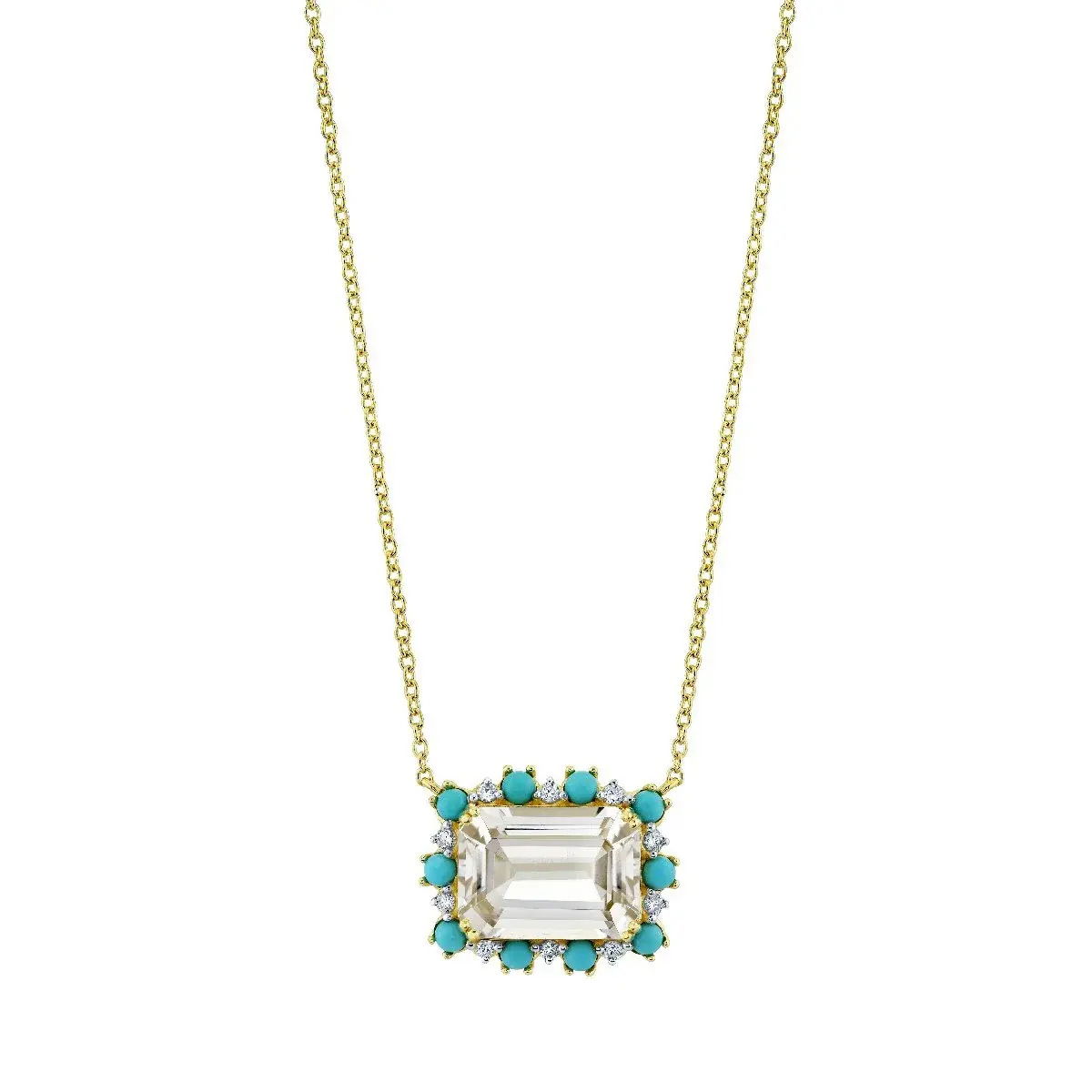 EMERALD CUT WHITE TOPAZ PENDANT WITH TURQUOISE AND DIAMOND HALO