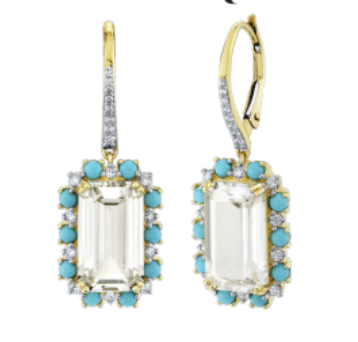 Emerald Cut White Topaz Earrings with Turquoise and Diamond Halo
