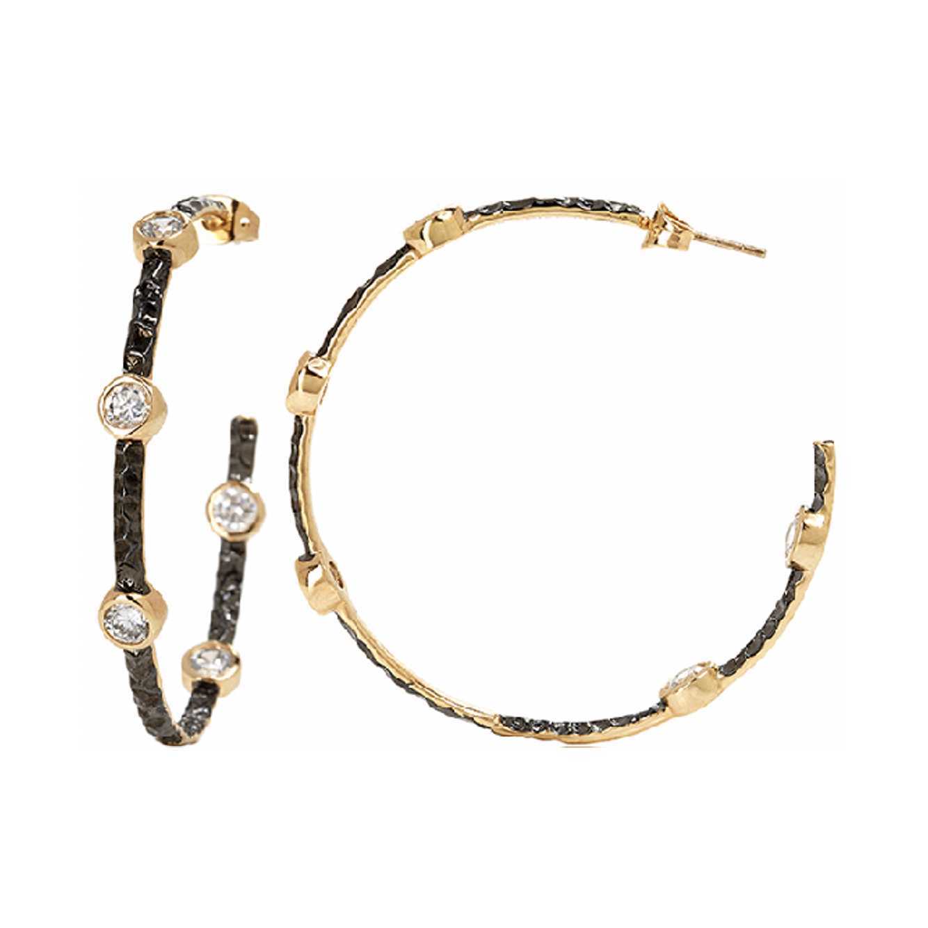 A statement hoop featuring our signature black and gold design for an eye-catching moment. The Starry Night Hoop Earring is designed with hammered dark rhodium for industrial texture and adorned with sparkling stone stations framed with matte gold. Design details are featured both inside and outside the hoop for sparkle at any angle. Sterling Silver coreHand-set cubic zirconia stonesEngraved with FREIDA ROTHMAN insignia STARRY NIGHT HOOP EARRINGS