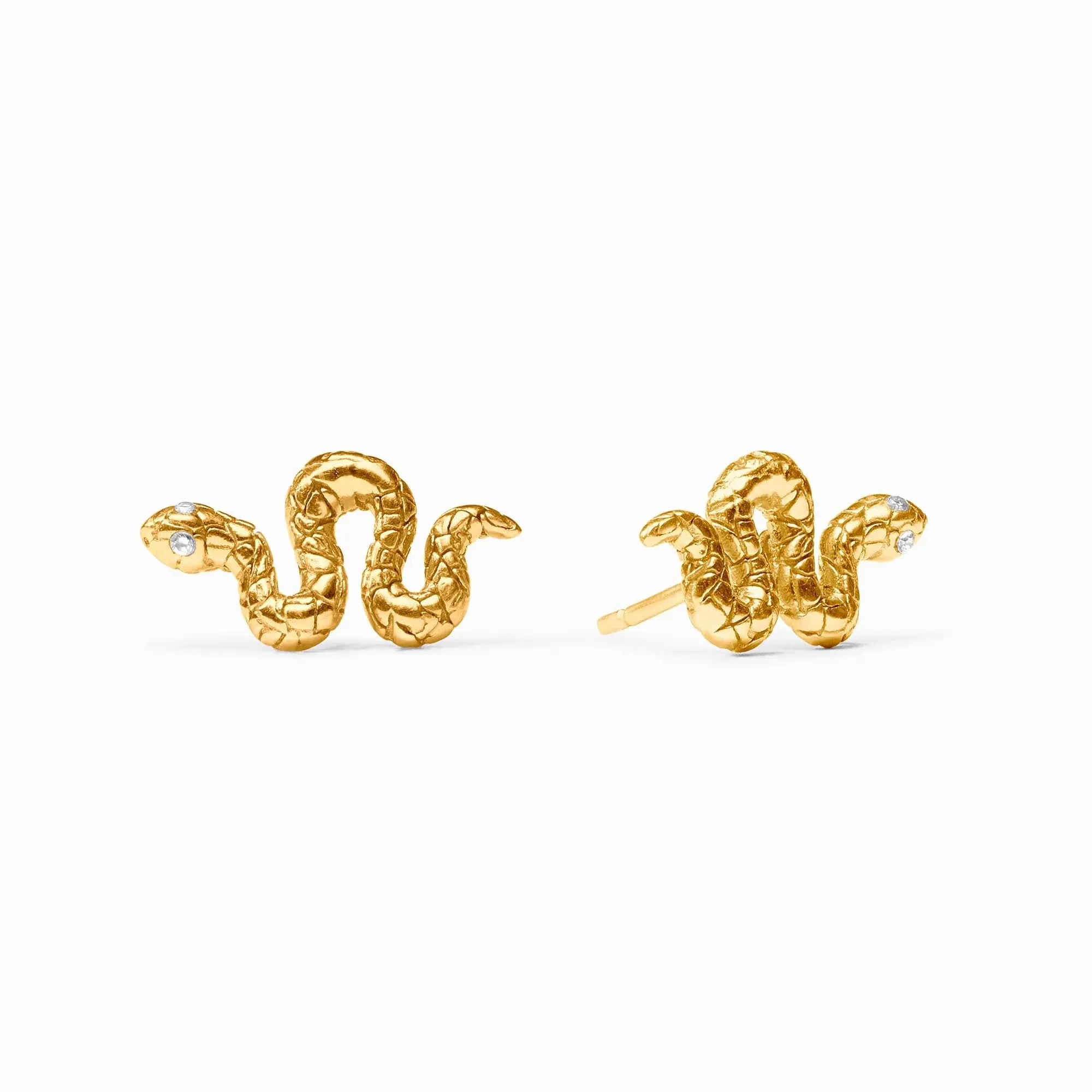 Lithe, lifelike, luxurious golden serpent studs with abstract geometric scales and glittering gemstone eyes. Snake Stud