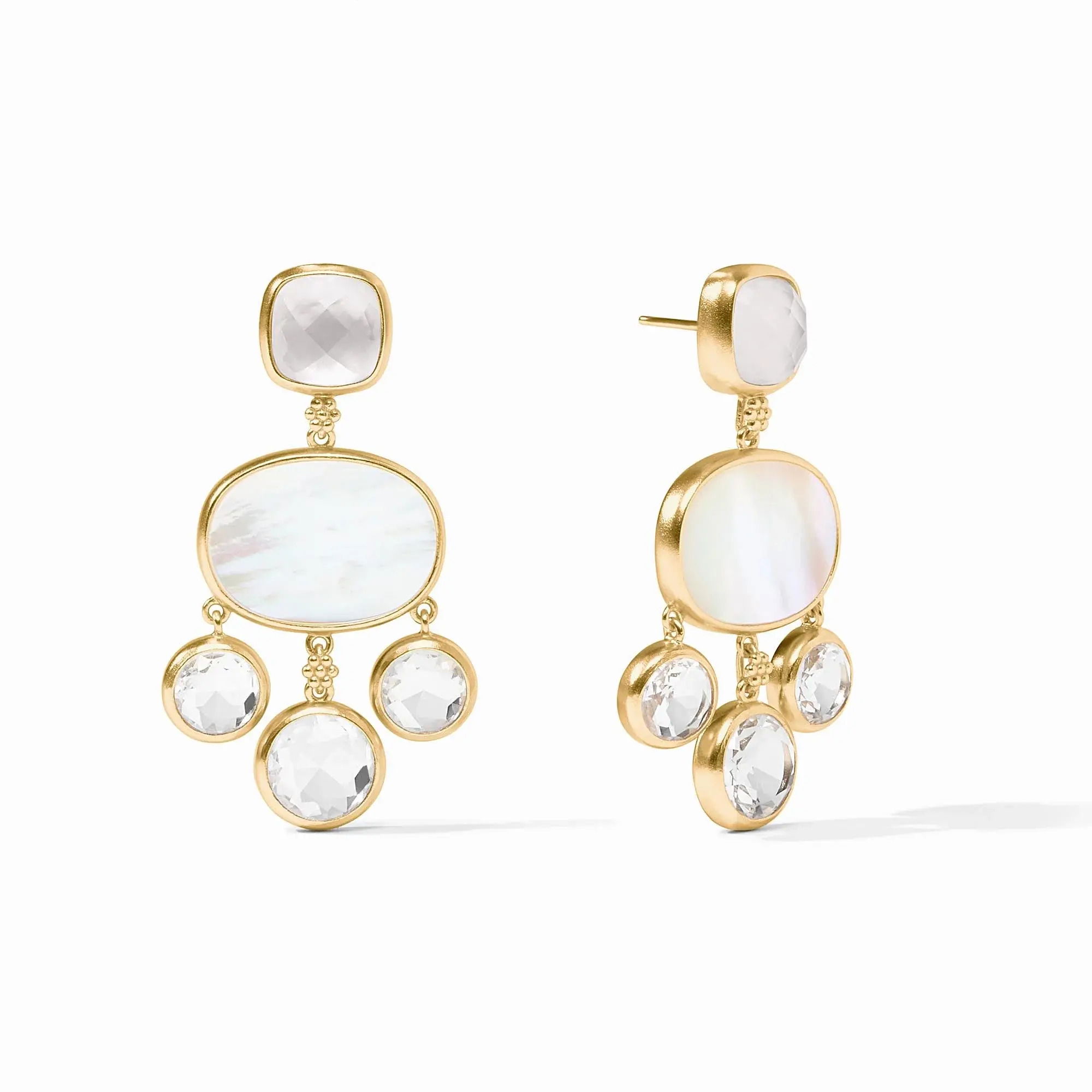 This earring is all elegance and all drama, with a trio of sparkling gold-set round gemstones dancing beneath an oval mother of pearl plate, itself dangling from a soft square gemstone and embellished with delicate gold granulation. Kaleidoscope Chandelier Earring