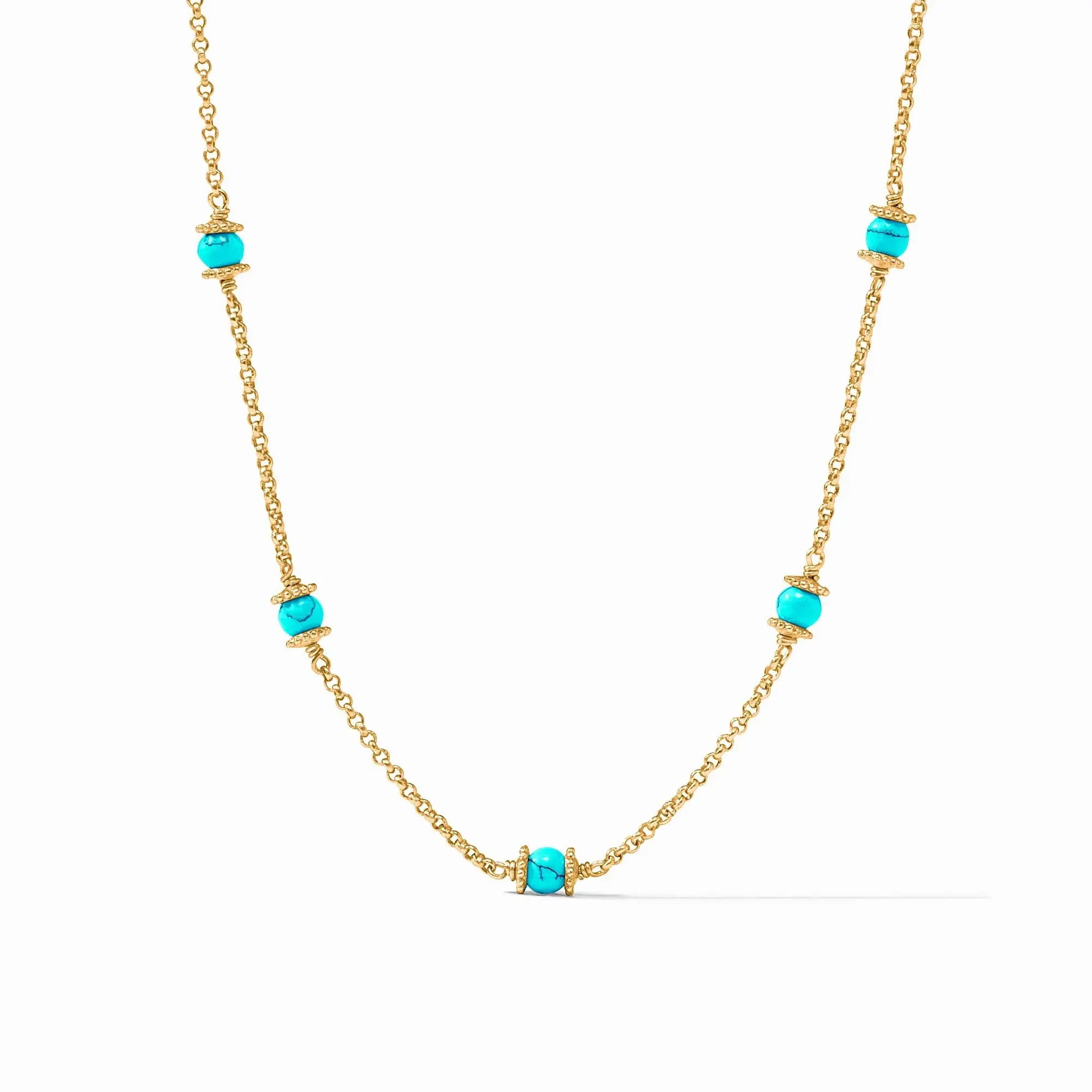Perfectly polished gemstone spheres with finely beaded golden caps appear to float along this necklace's delicate Venetian box chain. Features an adjustable closure. Hydra Delicate Station Necklace