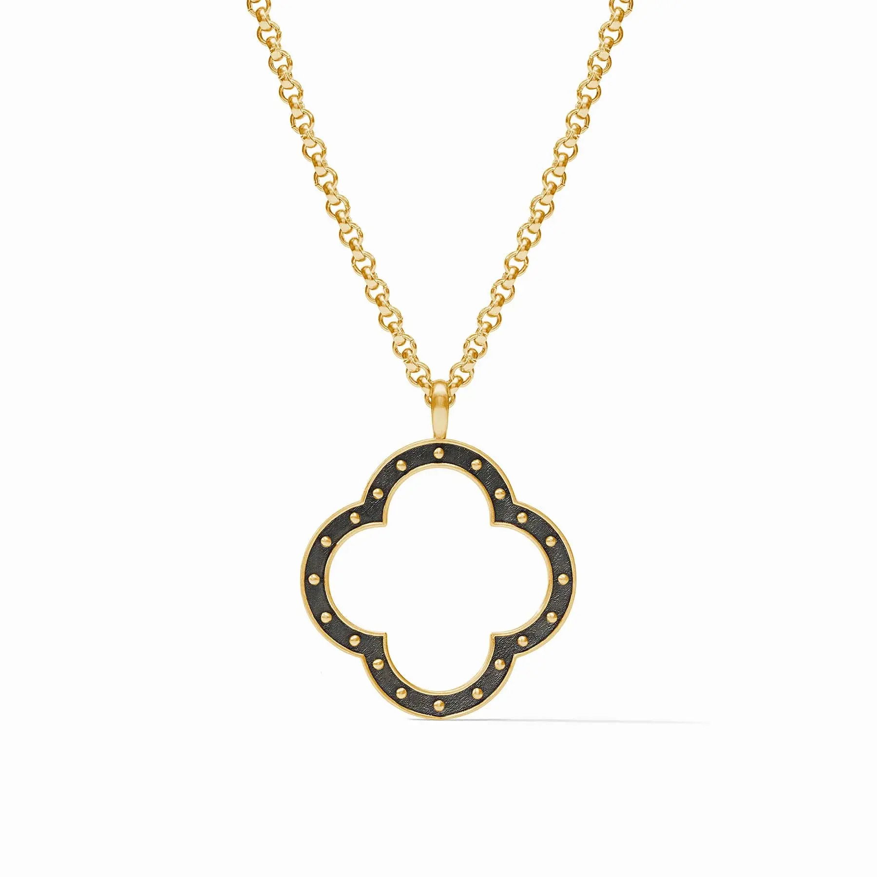 A gold quatrefoil pendant with a studded motif that recalls SoHo’s timeless cast-iron architecture dangles from a polished rolo chain. SoHo Statement Pendant