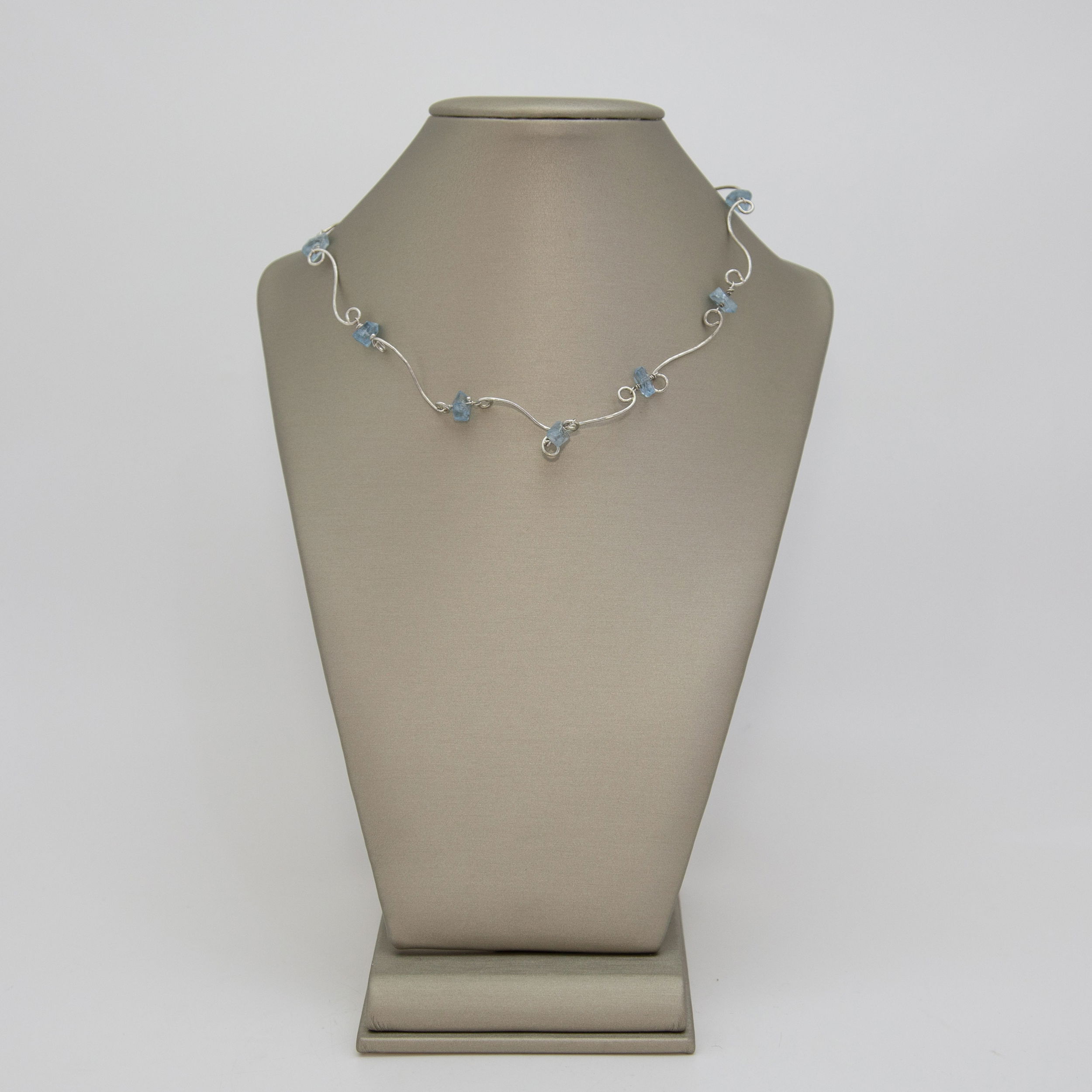 Aquamarine Dainty Nuggets with Silver Swirls Handmade Sterling 16.5” Necklace