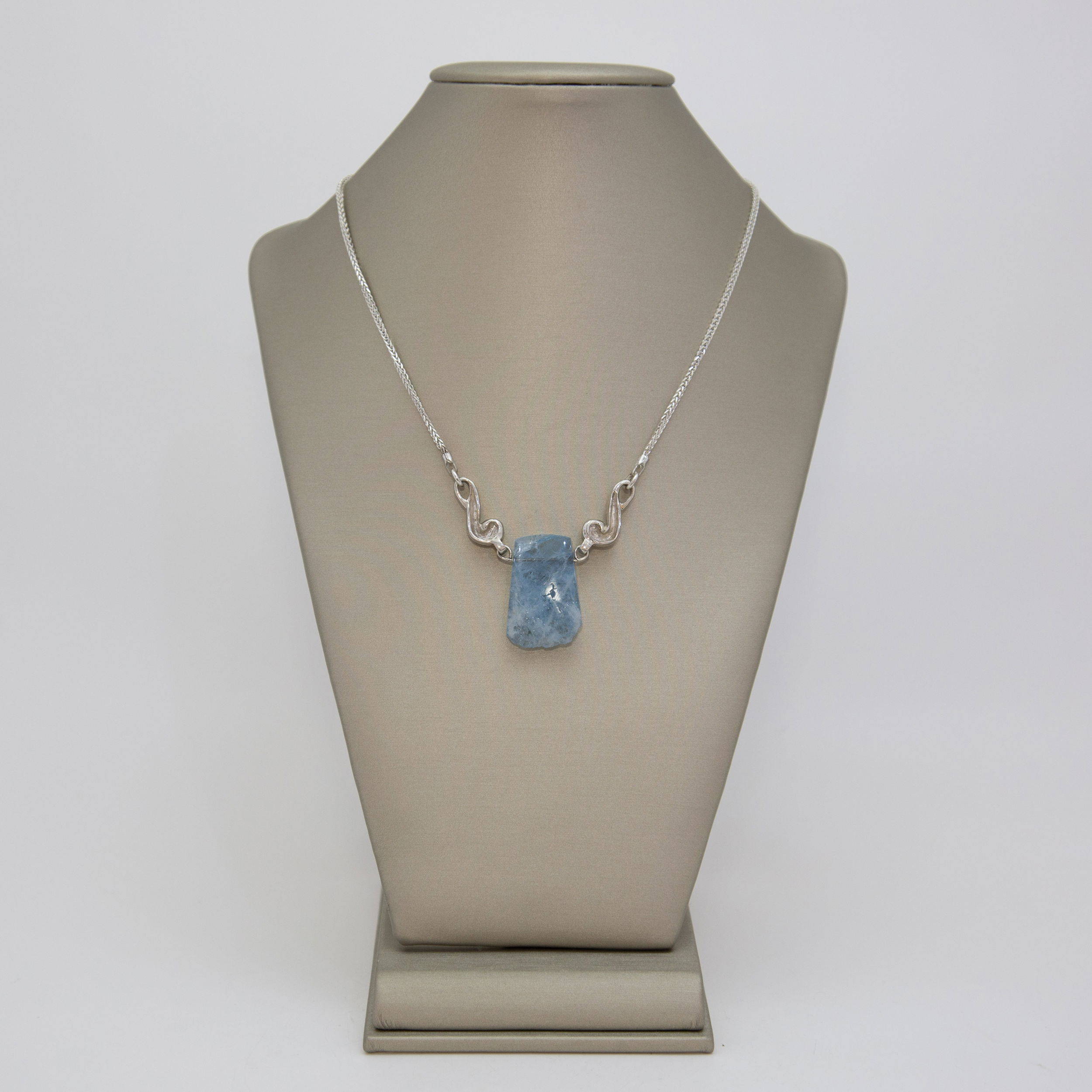Aquamarine Nugget with Handmade Accents on 30” Sterling Box Chain