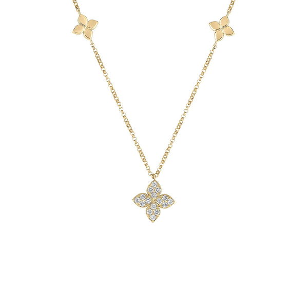 Closeup photo of 18K YELLOW GOLD LOVE BY THE INCH DIAMOND & POLISHED FLOWER STATION NECKLACE