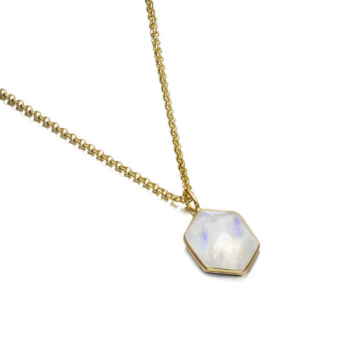 GEO collection pendant Sterling Silver 925 with rainbow moonStone and 18 k Gold vermeilSterling Silver 92518 k Gold vermeilStone: rainbow moonStoneLength 19 mm GEO Pendant in Silver. 18k Gold Vermeil