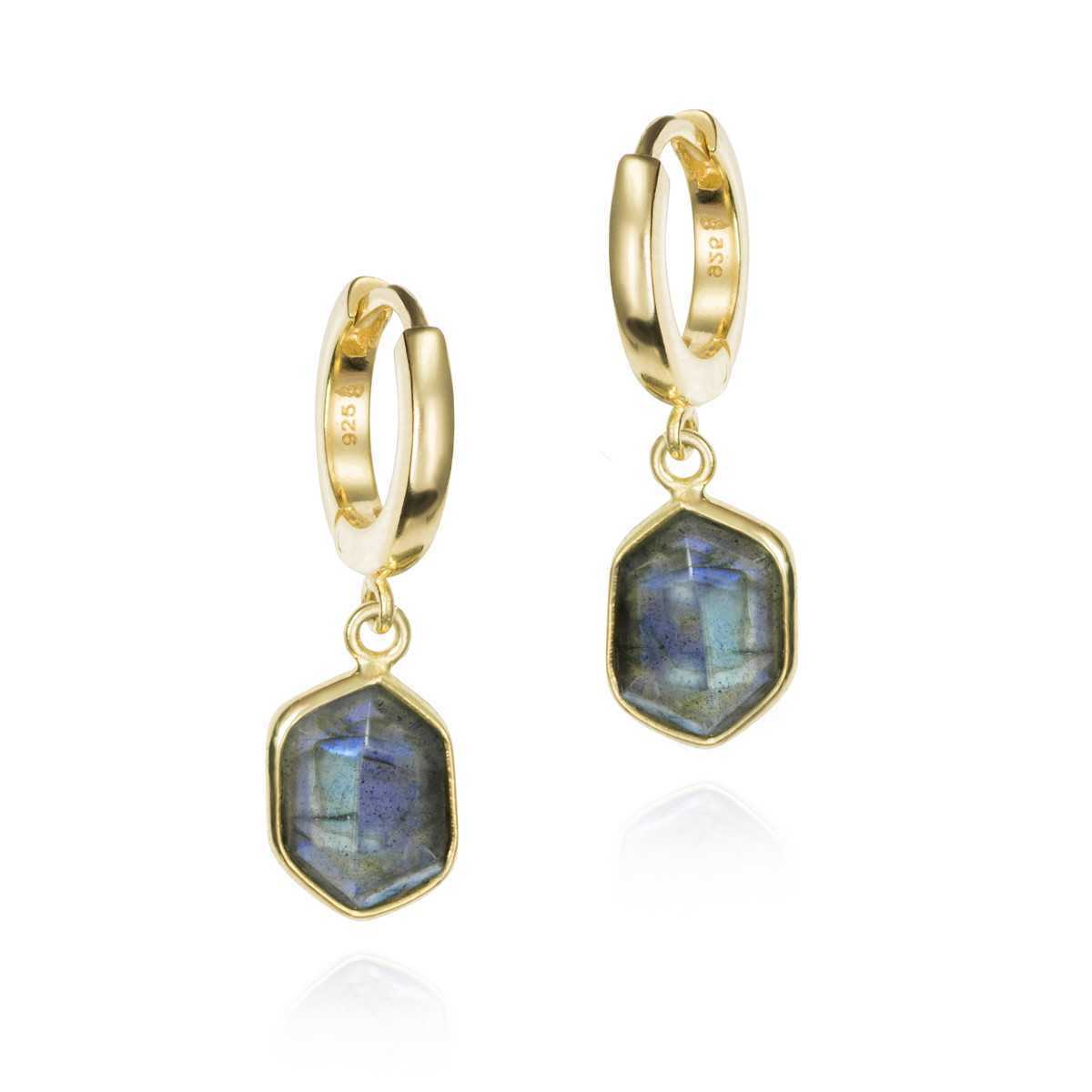 GEO collection earrings Sterling Silver 925 with labradorite and 18 k Gold vermeilSterling Silver 92518 k Gold vermeilStone: labradoriteLength 27 mm GEO Earrings in Silver. 18k Gold Vermeil