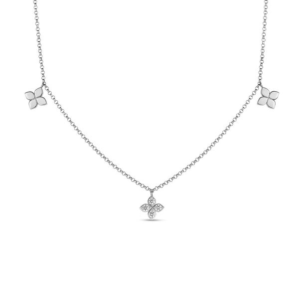 Closeup photo of 18K WHITE GOLD LOVE BY THE INCH DIAMOND & POLISHED SMALL FLOWER STATION NECKLACE