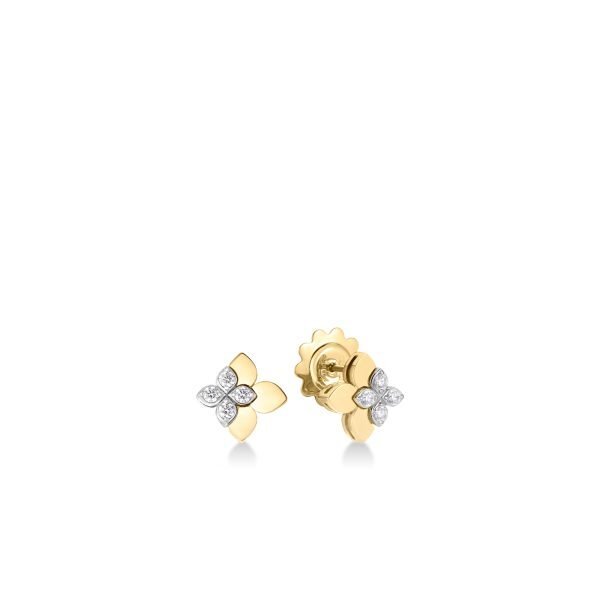Roberto Coin's signature flower earrings measuring approximately 11mm and crafted in 18k Italian yellow and white gold. 18K YELLOW/WHITE GOLD LOVE IN VERONA EAST TO WEST DIAMOND FLOWER EARRINGS