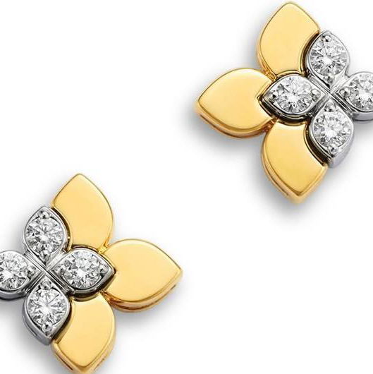 Closeup photo of 18K YELLOW/WHITE GOLD LOVE IN VERONA EAST TO WEST DIAMOND FLOWER EARRINGS