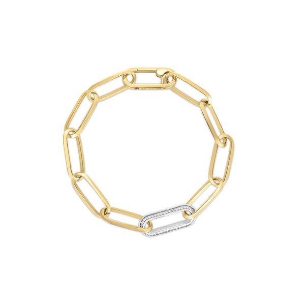 Closeup photo of 18K YELLOW/WHITE DESIGNER GOLD DIAMOND AND PAPERCLIP LINK BRACELET