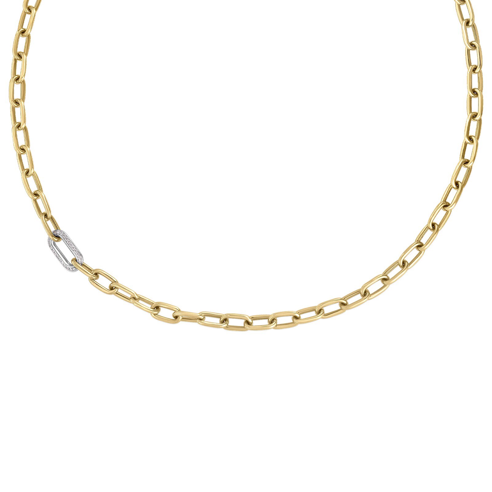 DESCRIPTION Beautifully crafted in 18K gold, these designer gold pieces by Roberto Coin are available in a multitude of styles, links, and hues that are just the right hint of chic.Necklace is approximately 18 inches longDiamond carat, 0.25cttw 18K YELLOW/WHITE DESIGNER GOLD DIAMOND AND PAPERCLIP LINK NECKLACE