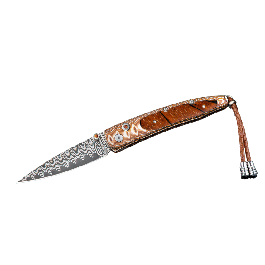 The Lancet 'Taos' features a beautiful frame in 'Wave Mokume', inlaid with orange spalted beechwood. The blade is 'Wave' damascus with an extra strong core in ZDP-189;… Lancet Taos - 159/250 Series