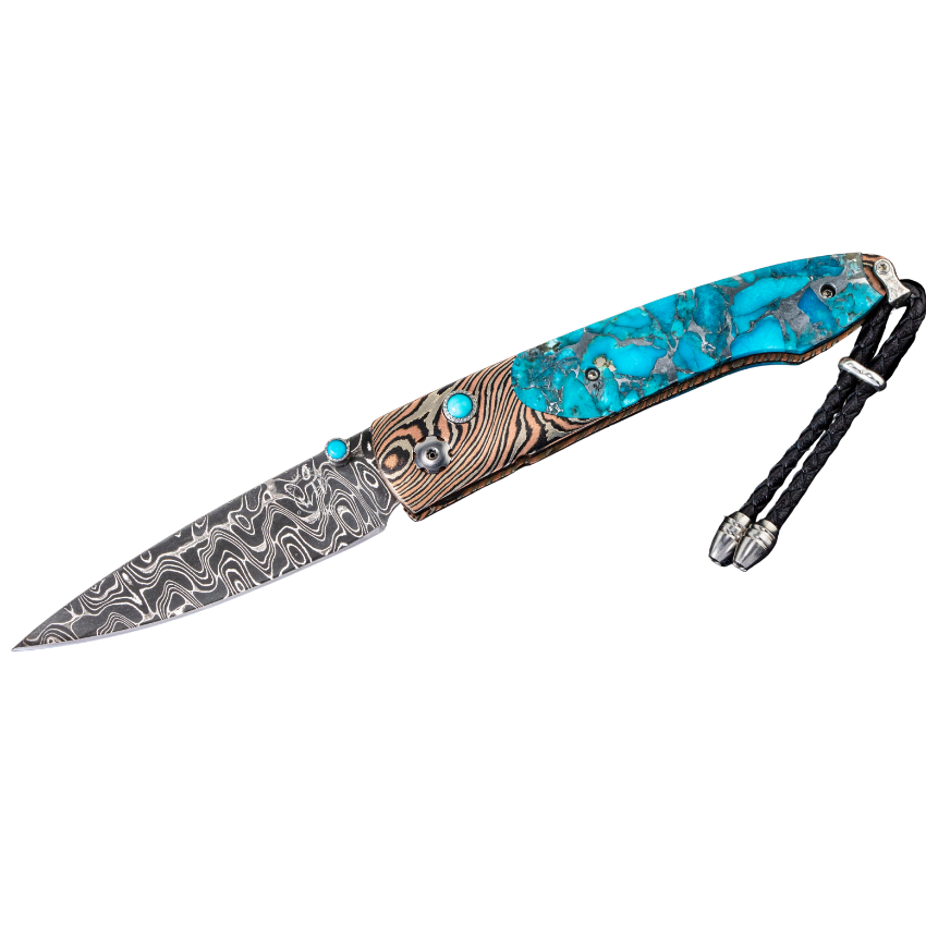 The Lancet 'Twisted' knife is framed in 'Twist' Mokume Gane by Mike Sakmar, inlaid with 'Zinc Matrix'. The blade is hand-forged 'Intrepid' Damascus by Chad Nichols. Lancet 'Twisted' Pocket Knife - 85/100 Limited Edition