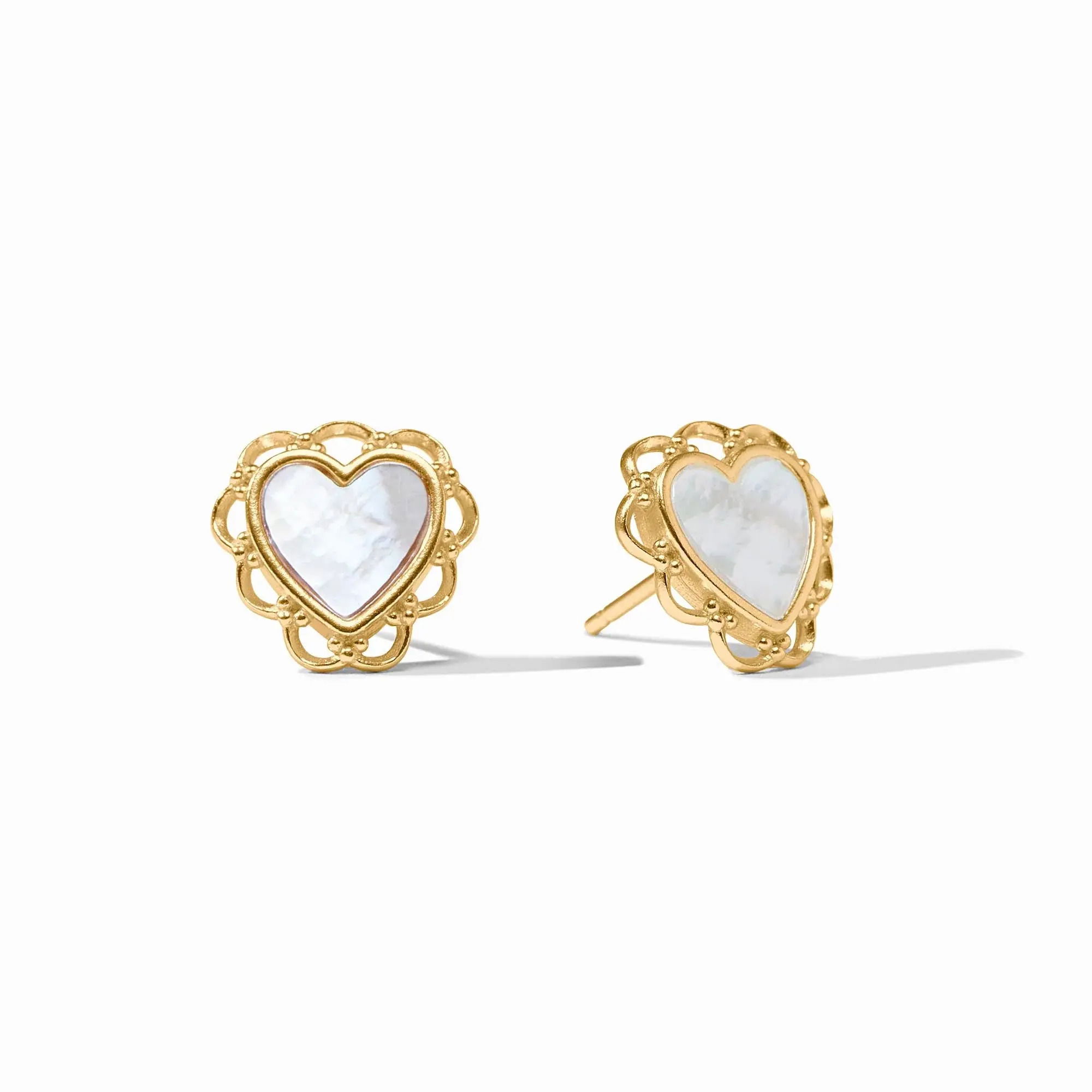 24K gold plate, mother of pearlLength: 0.5 inchesPost for pierced earsIncludes 24K gold plated earring backs Lace Heart Stud