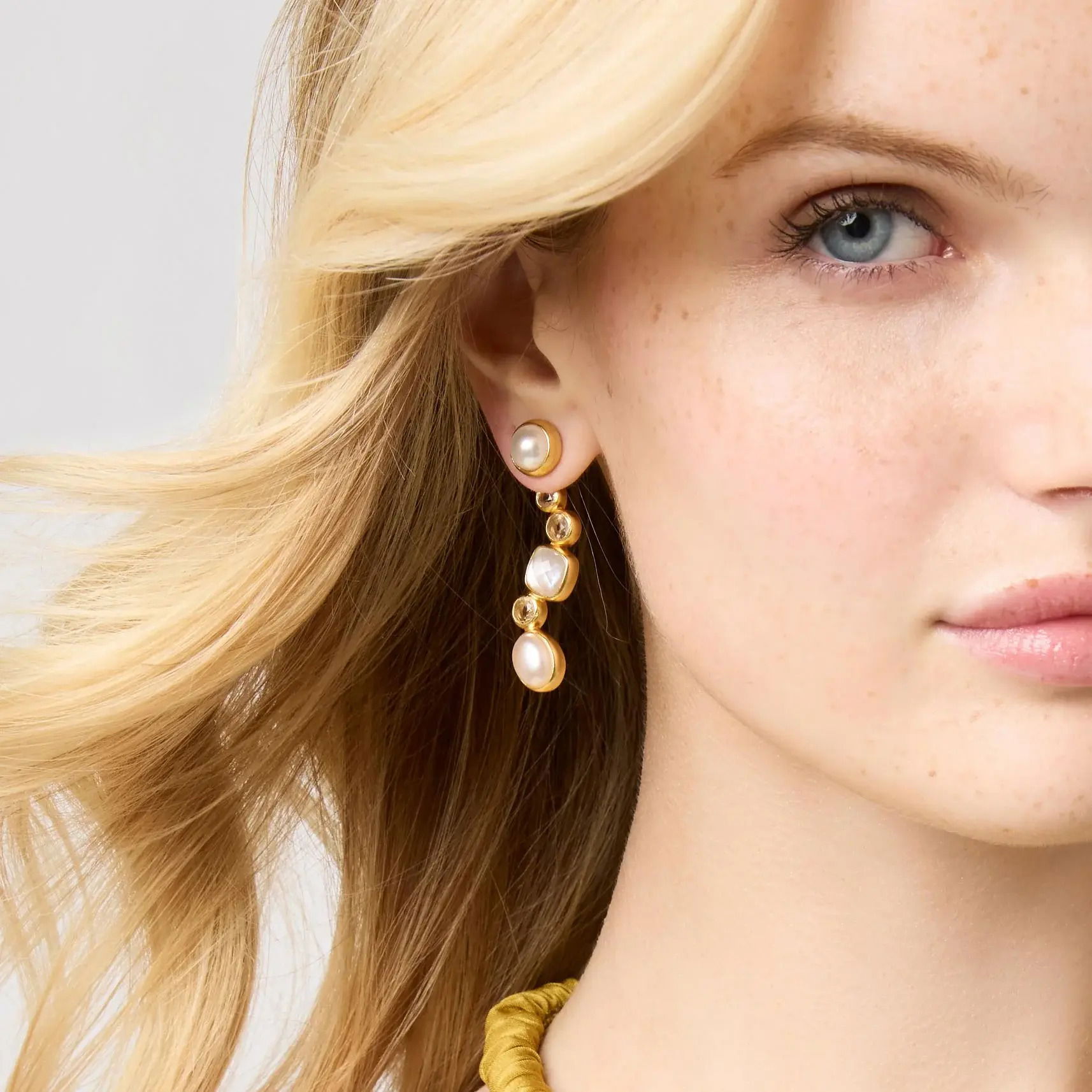 24K gold plate, imported glassLength: 1.9 inchesPost for pierced earsIncludes 24K gold plated earring backs Kaleidoscope Earring Jacket