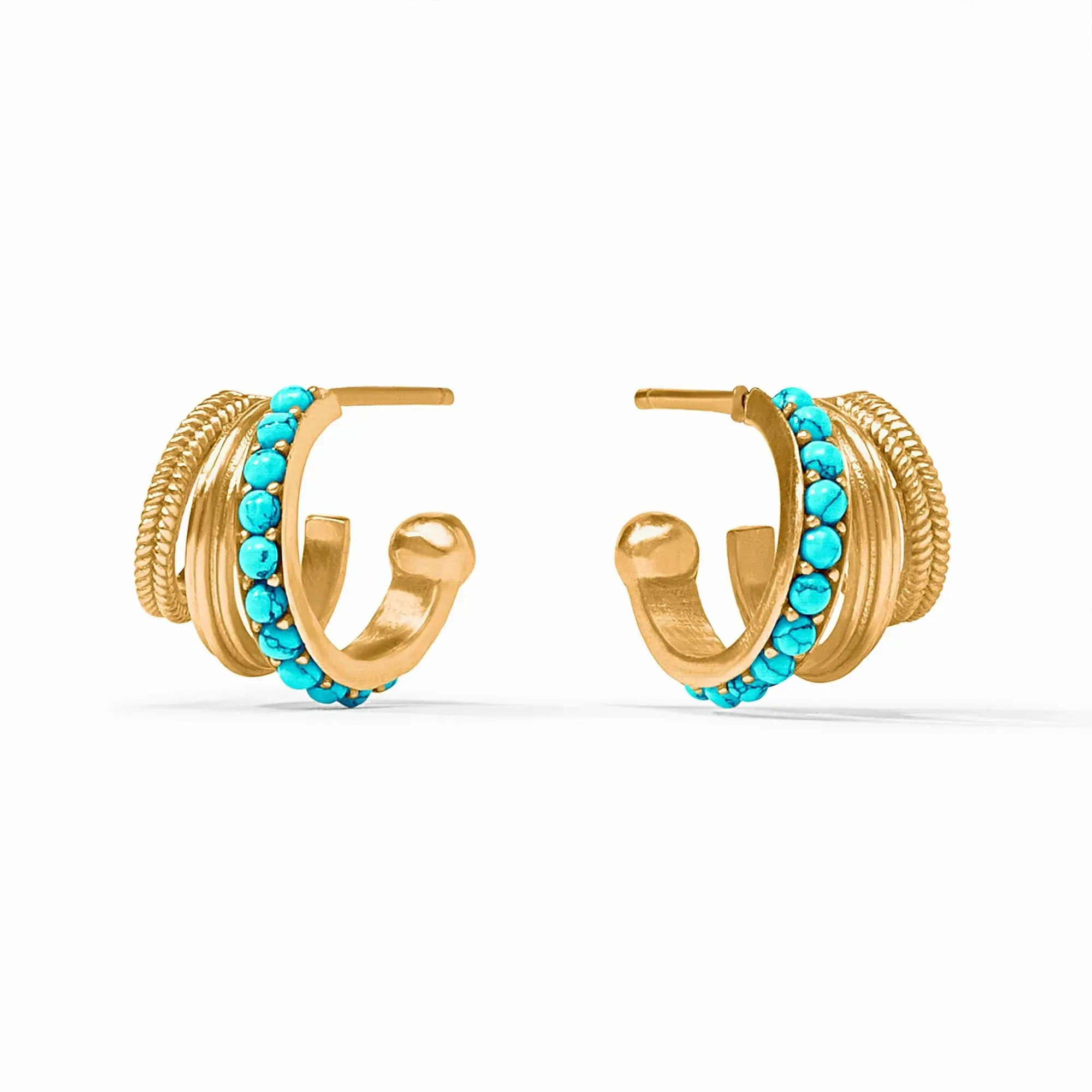 24K gold plate, shell pearlLength: 0.7 inchesPost for pierced earsIncludes 24K gold plated earring backs Hydra Triple Hoop