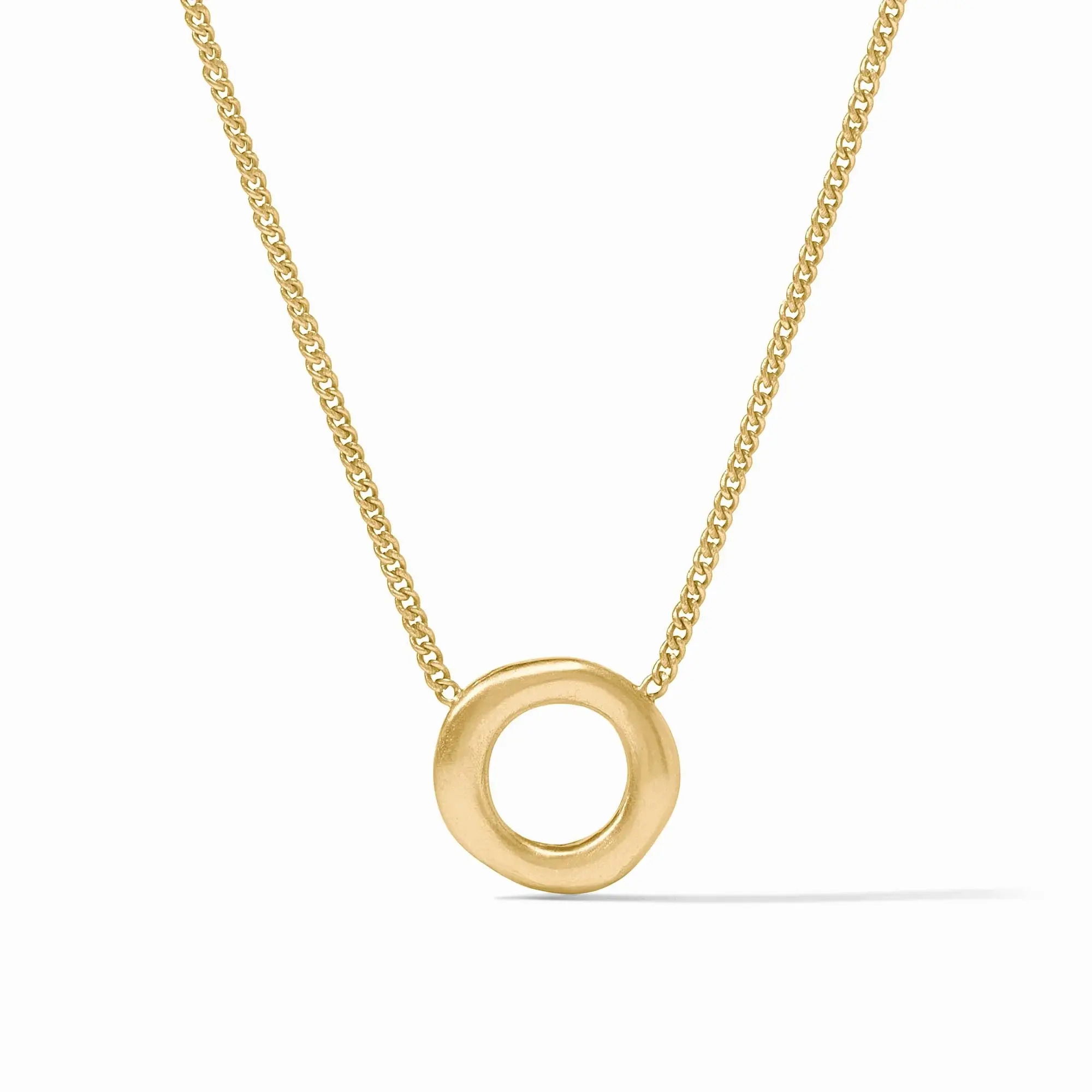 24K gold plateLength: 16.5 / 17.5 inches (adjustable)Closes with lobster claspPendant measures .56 inches Wave Circle Delicate Necklace
