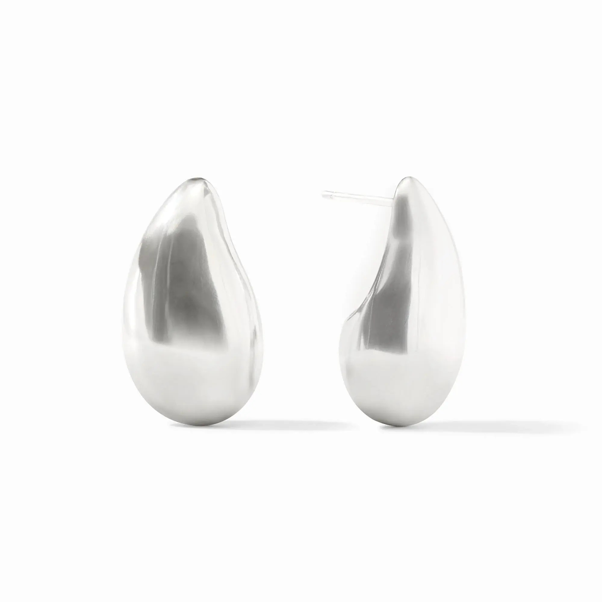 Pure silver plate (tarnish-free)Length: 0.8 inches (small), 1.2 inches (medium), 1.6 inches (large)Post for pierced earsIncludes pure silver plated earring backs Wave earring silver