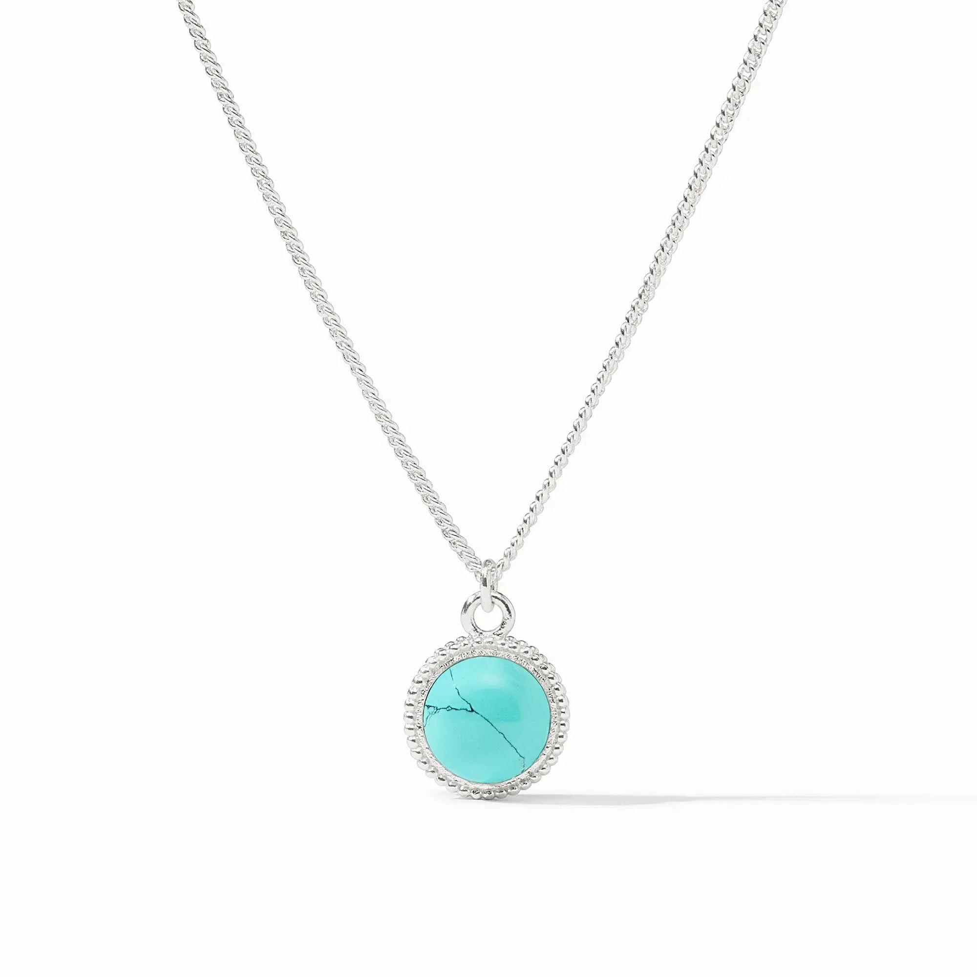 Pure silver plate (tarnish-free), imported glassLength: 17 / 18 inches (adjustable)Pendant measures 0.8 inchesCloses with lobster clasp FLEUR DE LIS SOLITAIRE NECKLACE - Turquoise Blue