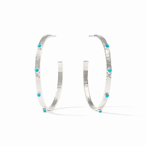 Closeup photo of CRESCENT STONE HOOP SILVER - TURQUOISE BLUE
