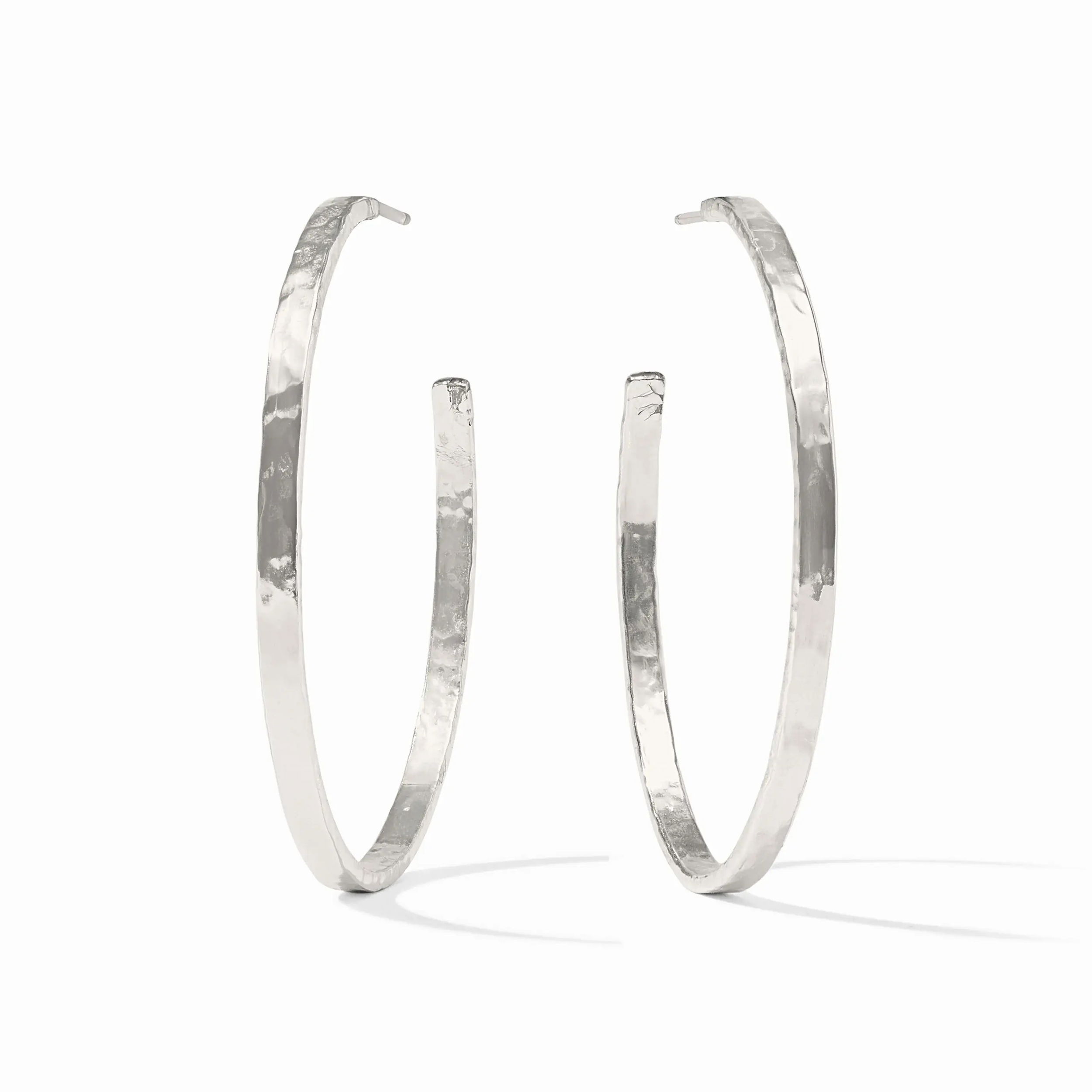 Pure silver plate (tarnish-free)Length: 1.3 inches (medium), 1.7 inches (large), 2.1 inches (extra large)Post for pierced earsIncludes pure silver plated earring backs Crescent Hoop