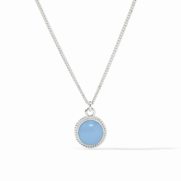 Closeup photo of FLEUR DE LIS SOLITAIRE NECKLACE CHALCEDONY BLUE