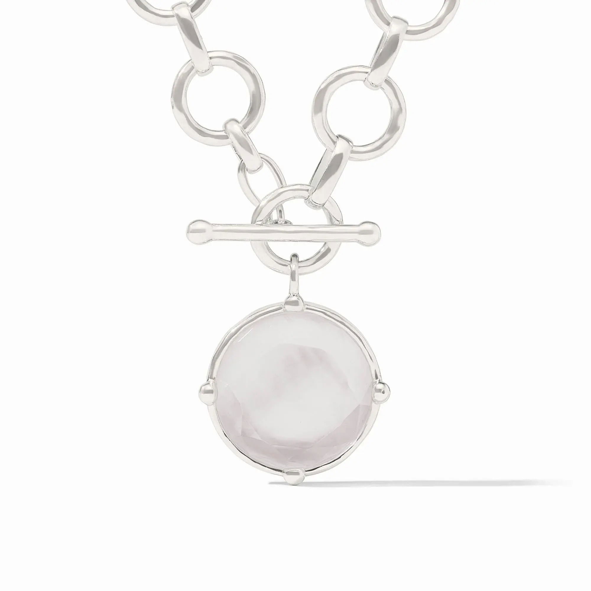 Pure silver plate (tarnish-free)Inner circumference: 7.7 inches (small), 8 inches (medium), 8.3 inches (large)Width: 0.1 inches HONEYBEE STATEMENT NECKLACE IRIDESCENT CLEAR CRYSTAL