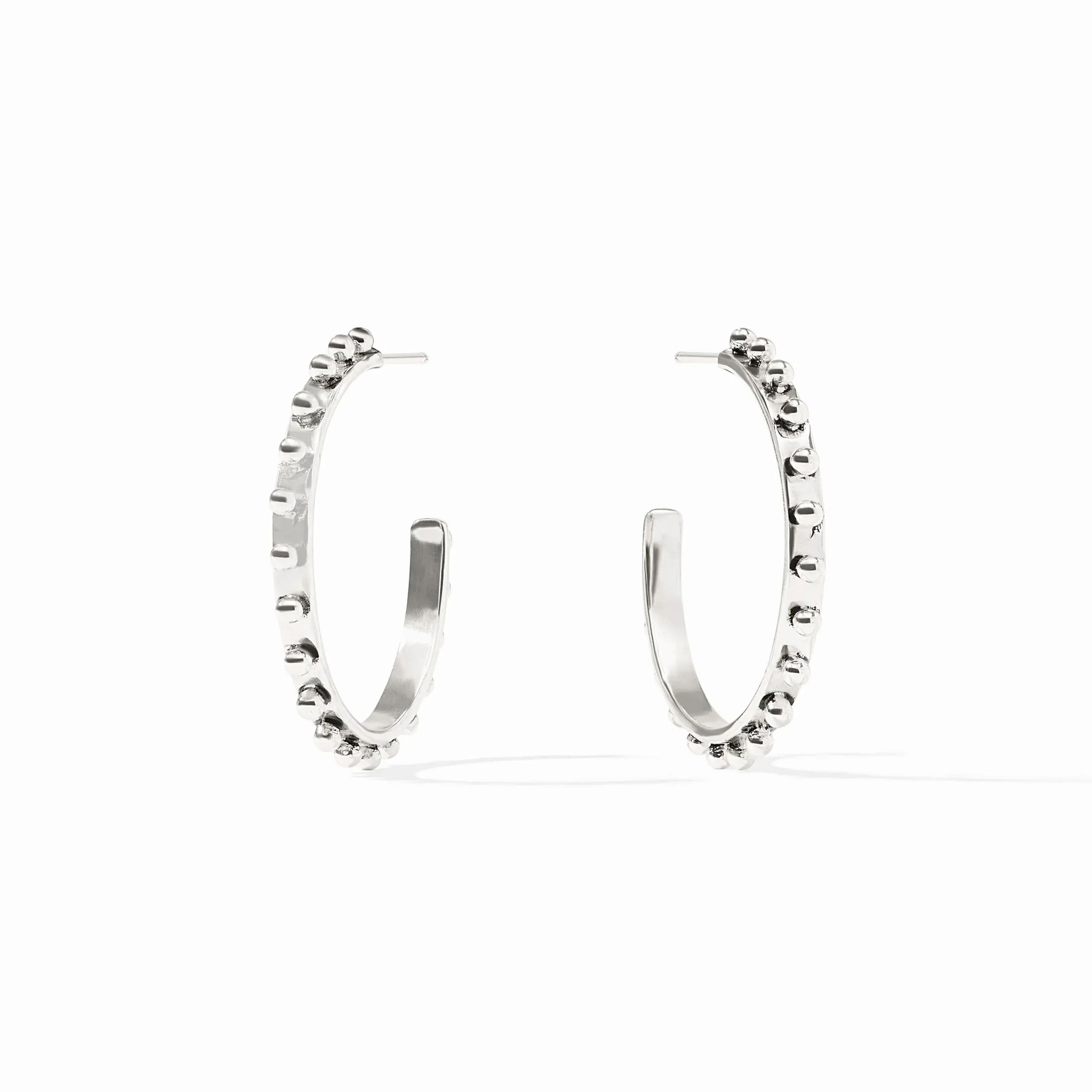 Pure silver plate (tarnish-free)Length: 0.8 inches (small), 1 inches (medium), 1.5 inches (large)Post for pierced earsIncludes pure silver plated earring backs SOHO HOOP SILVER