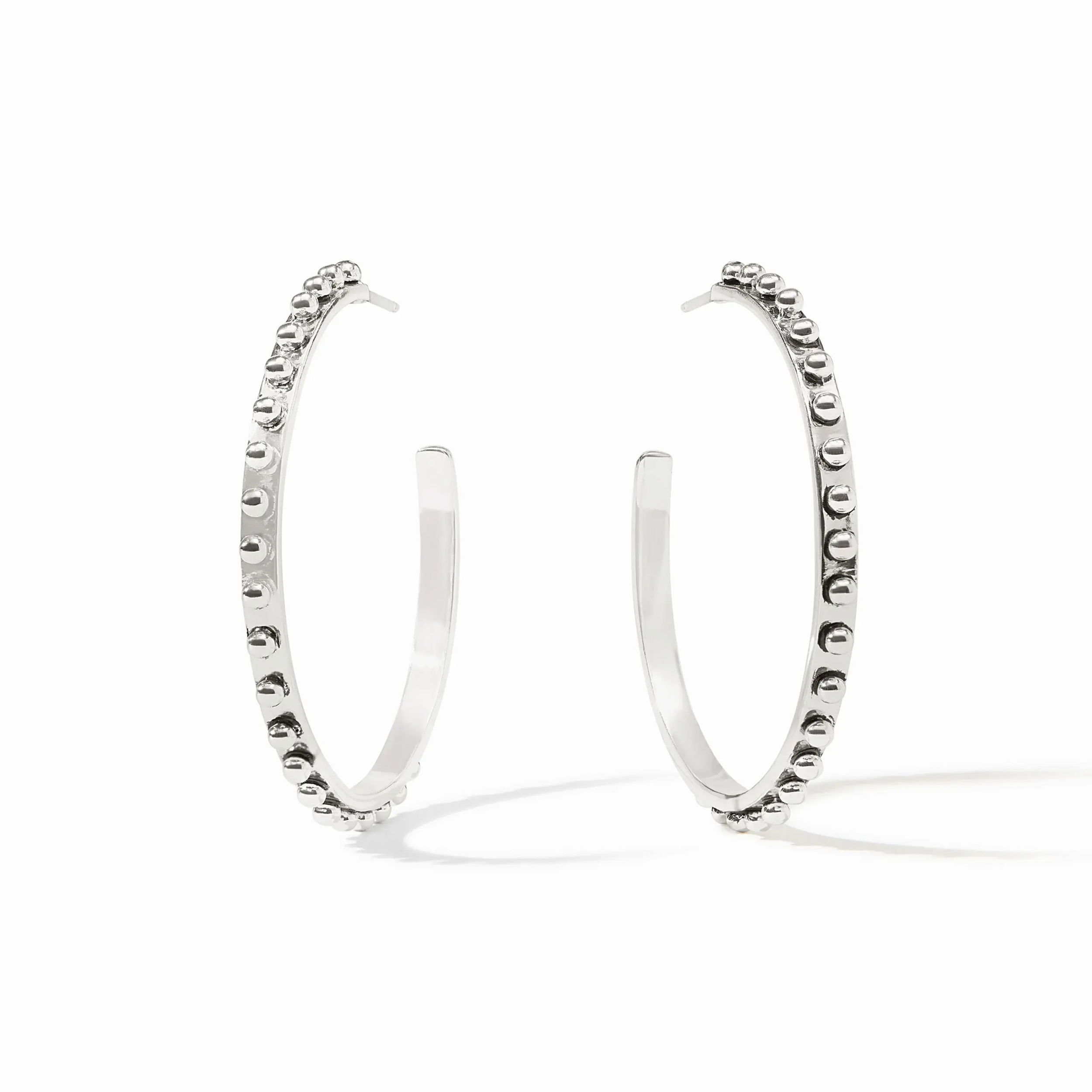 Pure silver plate (tarnish-free)Length: 0.8 inches (small), 1 inches (medium), 1.5 inches (large)Post for pierced earsIncludes pure silver plated earring backsJulie Vos hallmark SOHO HOOP SILVER
