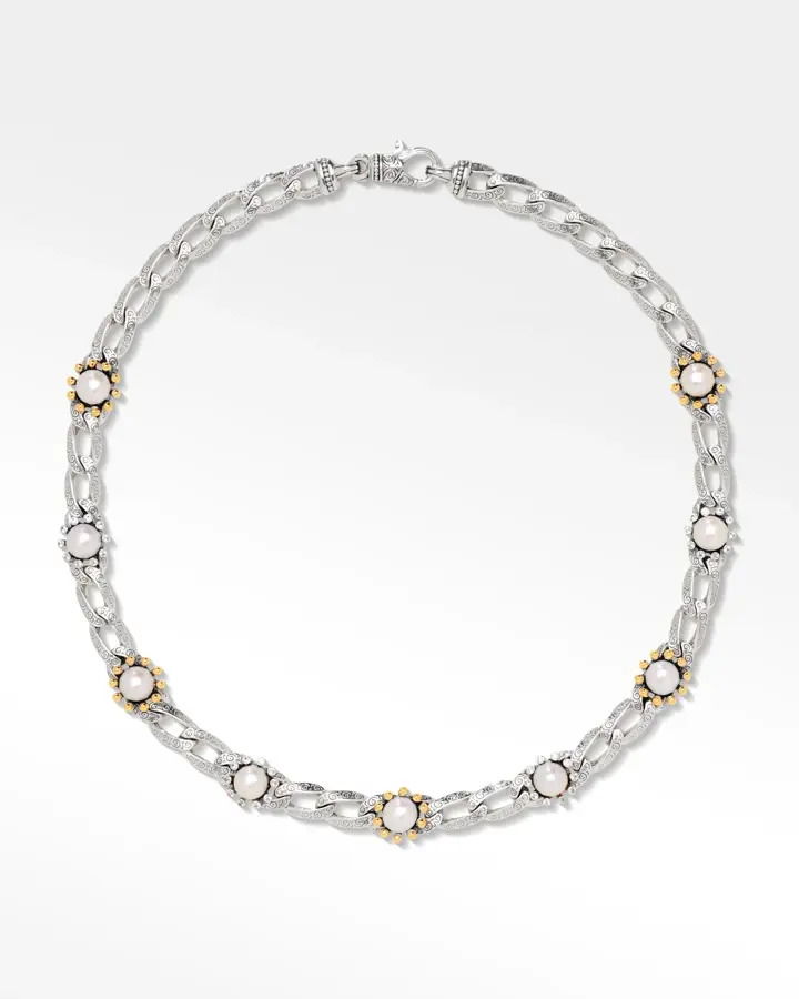 GemstonesPEARL, WHITE SAPPHIREMaterialsSTERLING SILVER & 18KT GOLDSize16" MUSE NECKLACE