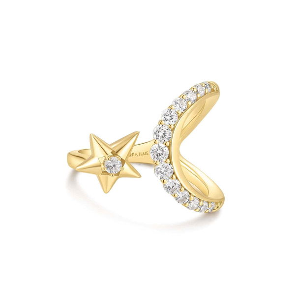 Closeup photo of Gold Sparkling Moon and Star Adjustable Ring– Ania Haie US