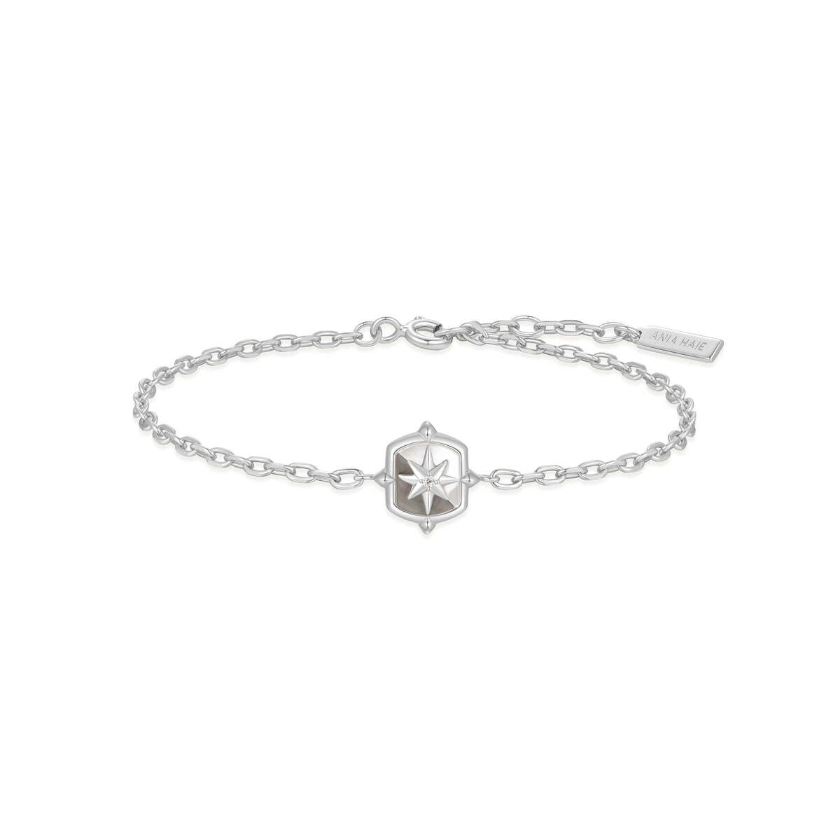 Product Description: Embrace the latest dark aesthetic trend with this edgy bracelet. Featuring an eight-pointed star set on a mother-of-pearl base, it adds a bold and unique touch. Stack it with other pieces to create a look that's uniquely yours and sets the fashion pace. Product Details: ? Material: 925 Sterling Sil Silver Colour-Block Mother of Pearl Star Bracelet