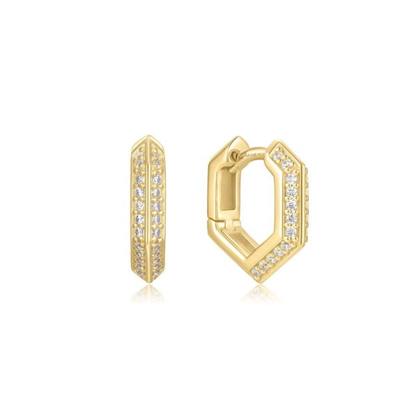 Closeup photo of Gold Sparkling Shield Huggie Hoop Earrings– Ania Haie US