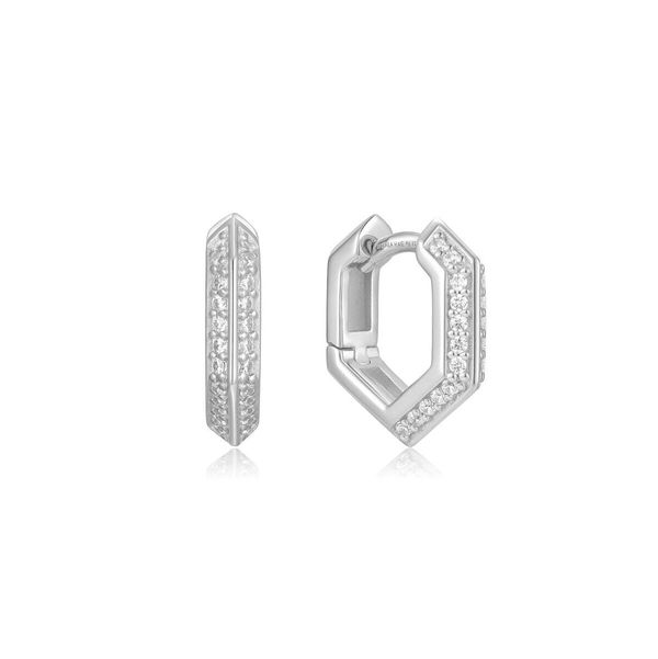 Closeup photo of Silver Sparkling Shield Huggie Hoop Earrings– Ania Haie US