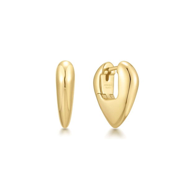 Closeup photo of Gold Puffy Shield Huggie Hoop Earrings– Ania Haie US