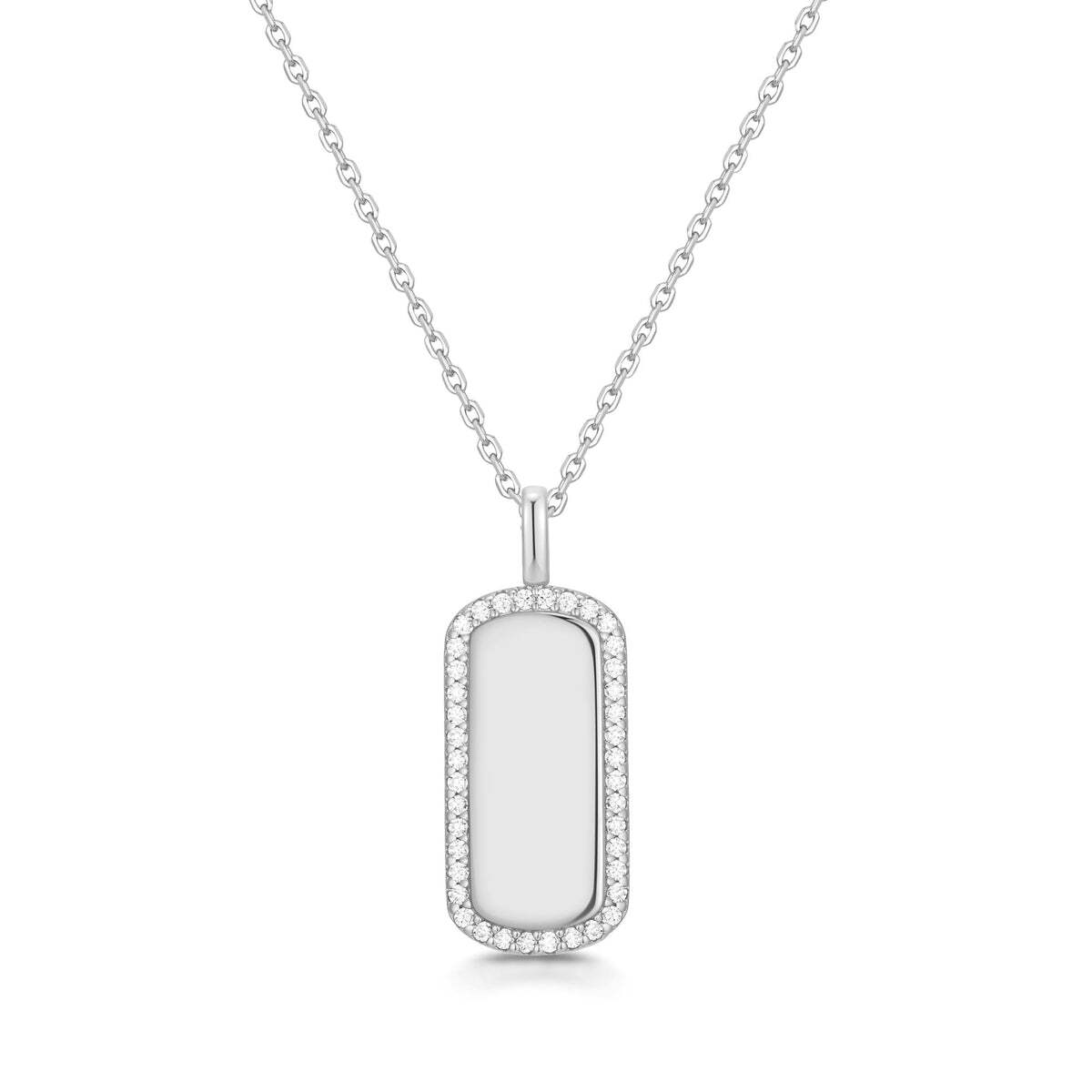 Product Description: Unleash your true self with this tag necklace, featuring a halo of cubic zirconia stones. Whether you're in the boardroom or out on the town, this piece will elevate your style and show the world who you are. Product Details: ? Material: 925 Sterling Silver with Rhodium Plating with Cubic Zirconia? Silver Sparkling Tag Necklace