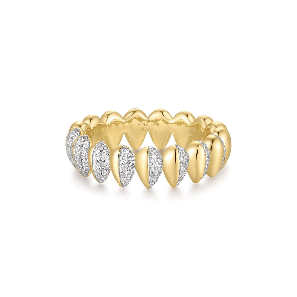 Product Description: Why not stand out and embrace your new favourites? This statement ring taps into the trending wave of subversive allure. The edgy, toothed design creates a striking contrast that is both bold and elegant. Pair it with its black counterpart for an even bolder look, letting your individuality shine t Two-Tone Sparkling Puffy Spike Ring– Ania Haie US